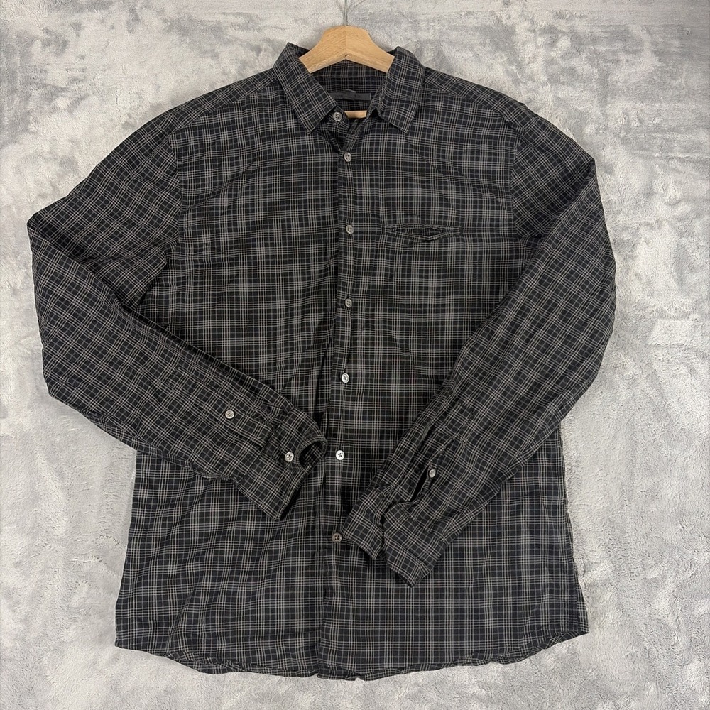 John Varvatos Shirt Mens Large Black Gray Plaid Button Down Long Sleeve Roll Tab